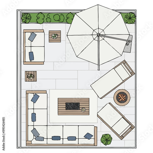 Overhead view of a furnished outdoor patio space featuring sectional seating lounge chairs a central fire pit conversation area and a large patio umbrella perfect for relaxation and entertaining