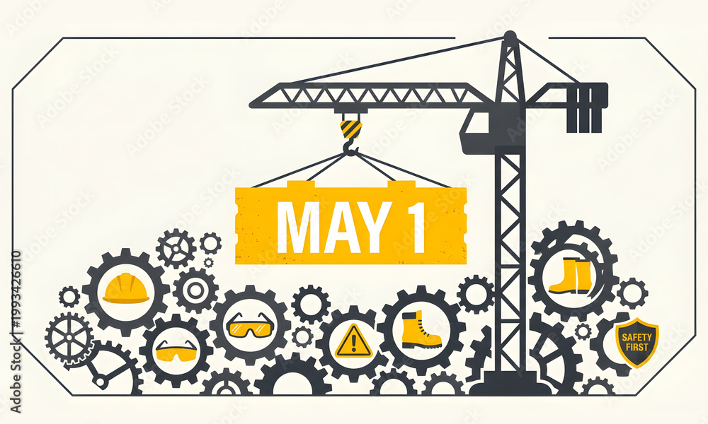 Obraz premium May 1 Workers Day Industrial Illustration with Crane and Safety Equipment