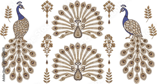 Ornate Golden Peacock Vector Set with Detailed Filigree Feathers and Vintage Baroque Elements for Luxury Branding and Elegant InvitationsOrnate Golden Peacock Vector Set with Detailed Filigree 