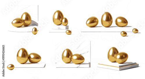 Set of Luxury Golden Eggs on White Marble Pedestals and Minimalist Platforms for Financial Success, Wealth, and Easter Celebration ConceptsSet of Luxury Golden Eggs on White Marble Pedestals and 
