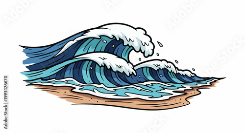 Stylized cartoon waves crash onto a sandy beach with splashes of water