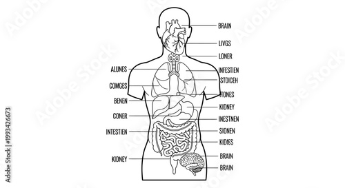 Anatomy of the Human Body with Labeled Internal Organs and Skeletal Structure