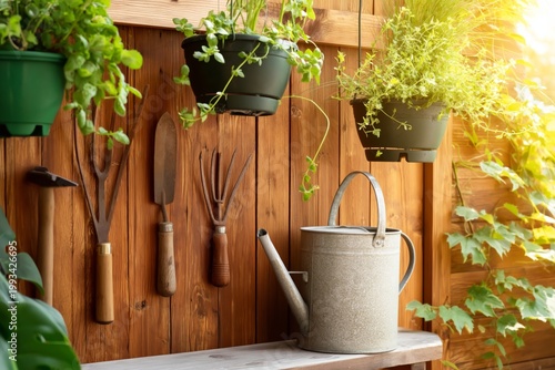 Gardening Tools and Pots on a Wooden Wall in a Sunny Garden Setting During th...