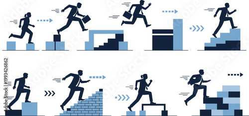Business People Climbing and Jumping Over Block Obstacles Vector Set Representing Career Growth, Overcoming Challenges, and Corporate Achievement ConceptsBusiness People Climbing and Jumping Over 