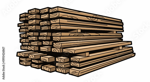 Stack of rough-hewn lumber pieces, artfully rendered with bold outlines