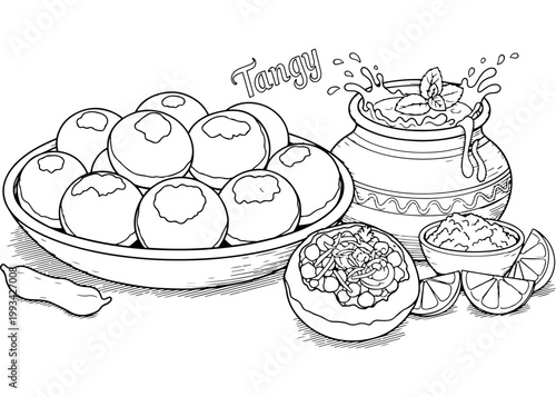 Traditional spicy panipuri street food snacks with tangy water coloring page illustration vector line art for Indian restaurant menu design and South Asian culinary art hobby coloring book.