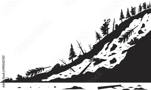 Mountain slope landscape with trees rocks and forest silhouette nature scene illustration