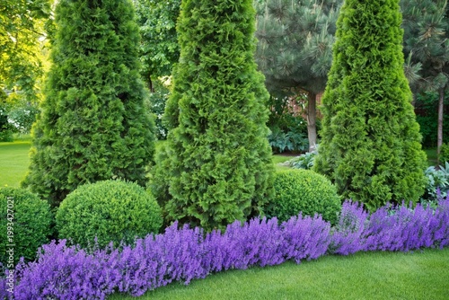 Tall Green Trees and Round Bushes in a Sunny Garden With Flowers in Springtime