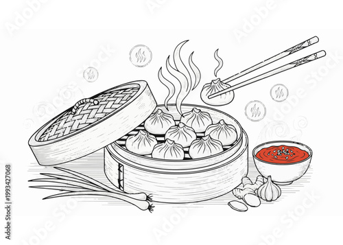 Steaming hot dim sum dumplings in a bamboo steamer basket coloring page illustration vector line art for Chinese restaurant menu design and Asian food culinary school educational activity book.