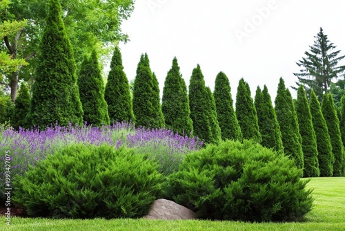 Relaxing Green Garden Area With Trees, Bushes and Flowers in Evening Light