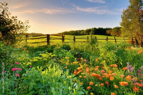 Colors of Flowers and Greenery Near a Wooden Fence at Sunset in a Rural Setting