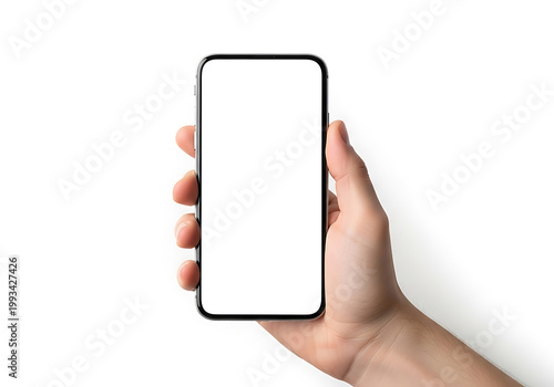 Hand holding a smartphone isolated on white background