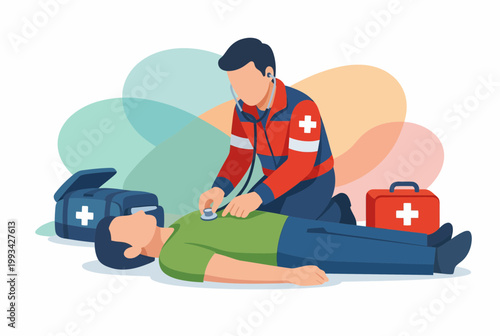 Paramedic using stethoscope to check patient during emergency service