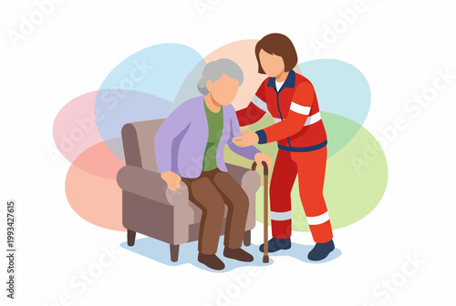 Paramedic Assisting Elderly Woman Standing from Armchair