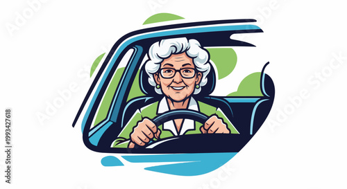 Smiling elderly woman wearing glasses driving a car with a green and blue abstract background