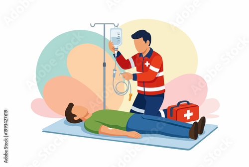 Paramedic providing emergency medical care with IV drip to patient