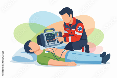 Paramedic using heart monitor to treat patient in medical emergency