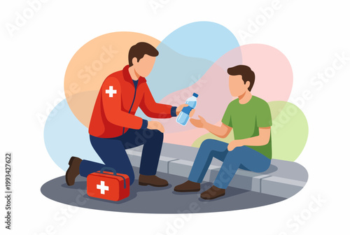 Paramedic Offering Water Bottle to Injured Person on Street