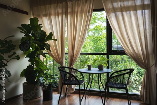 Cozy Indoor Space With Plants and a Table by the Window Overlooking Nature