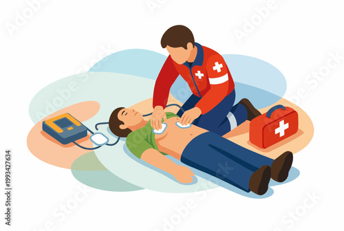 Paramedic Using Defibrillator on Patient Isometric Vector