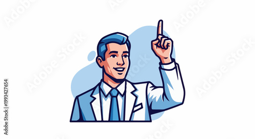 Smiling man in a suit points finger upwards, indicating an idea or direction