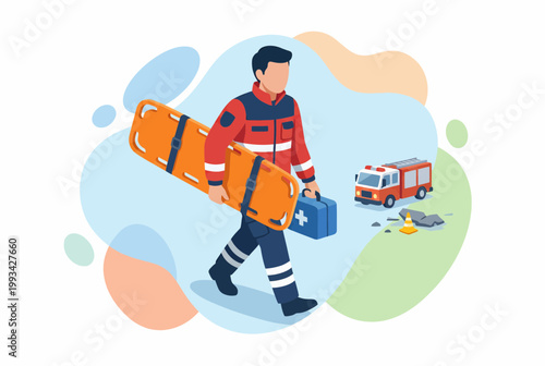 Paramedic carrying spine board and medical kit at accident scene