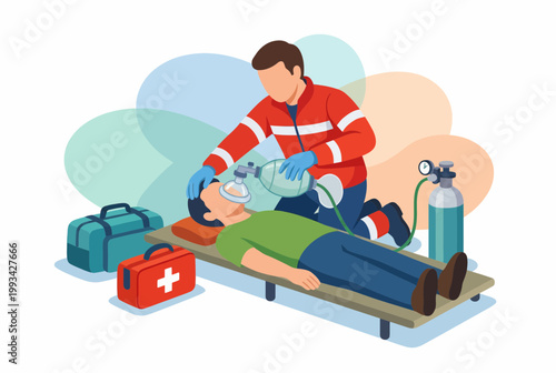 Paramedic providing emergency respiratory support to a patient