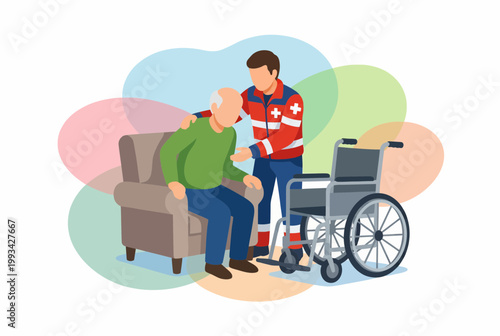 Paramedic Assisting Elderly Man From Armchair to Wheelchair