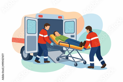 Paramedics Loading Patient on Stretcher into Ambulance Illustration