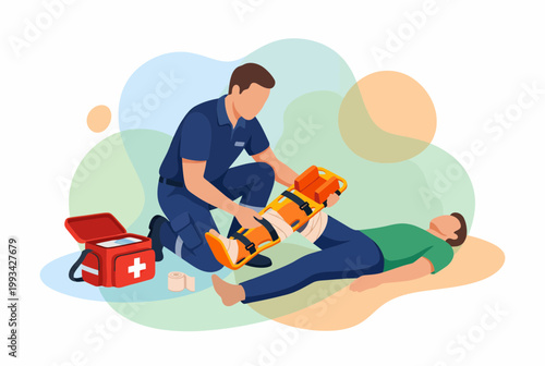 Paramedic providing first aid and applying leg splint to injured man