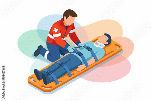 Paramedic Securing Injured Man on Medical Stretcher Board