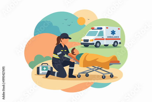 Female Paramedic Assisting Patient Next to an Ambulance Vector