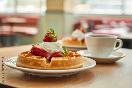 Waffles Topped With Strawberries and Cream With a Cup of Coffee in a Cozy Caf...
