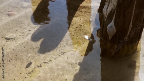 Shadow reflection of person and wooden post on shallow sandy water surface with warm sunlight