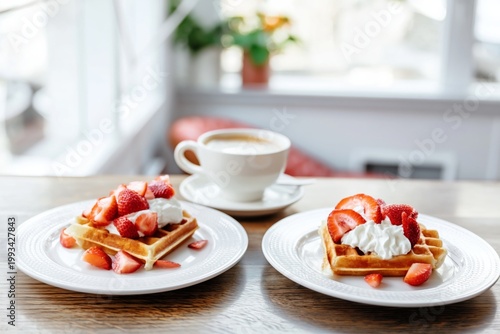 Waffles Topped With Strawberries and Cream With a Cup of Coffee in a Cozy Caf...