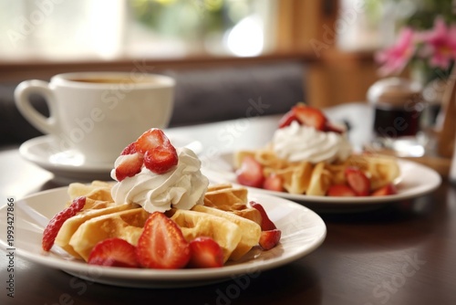 Waffles With Strawberries and Cream Served With a Cup of Coffee in a Bright Cafe