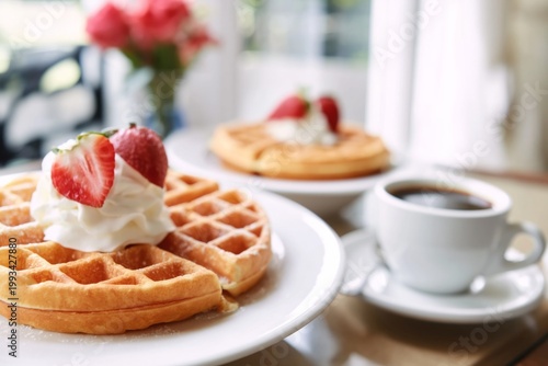 Waffles With Strawberries and Cream Served With a Cup of Coffee in a Bright Cafe