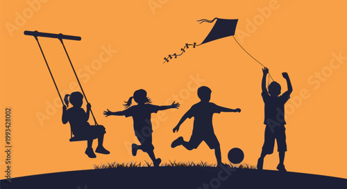 Silhouettes of children playing outdoors swinging, kicking a ball, and flying a kite