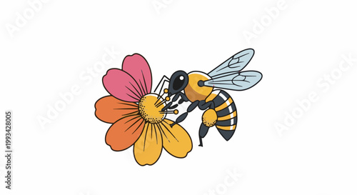 Stylized bee pollinating a colorful flower