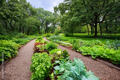 Garden Pathways Lead Through a Vegetable Plot in a Wooded Area During Dayligh...