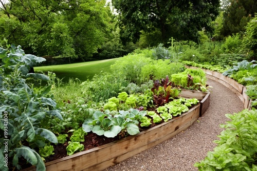 Garden Pathways Lead Through a Vegetable Plot in a Wooded Area During Dayligh...