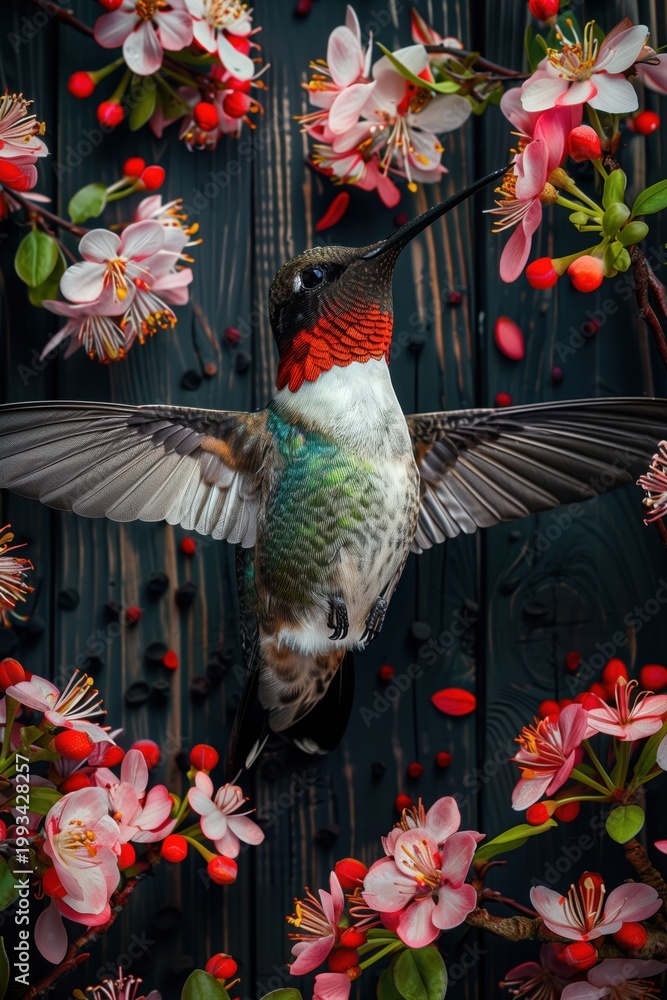 Fototapeta premium Hummingbird hovering among vibrant blossoms close up. AI-generated.
