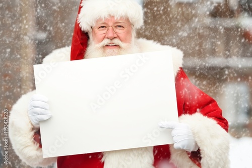Santa Holds a Blank Sign While Standing in the Snow During Winter Festivities
