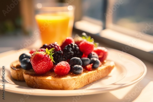 Fresh Breakfast With Toast, Mixed Berries, and Orange Juice on a Sunny Morning