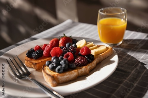 Delicious Breakfast With Toast, Fresh Berries, and Juice on a Sunny Morning