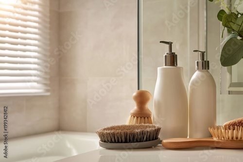 Spa Setup in a Bathroom With Bottles, Brushes, and Natural Light