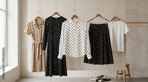 A collection of polka dot clothing items displayed on hangers. The garments include dresses and tops in black, white, and beige colors.