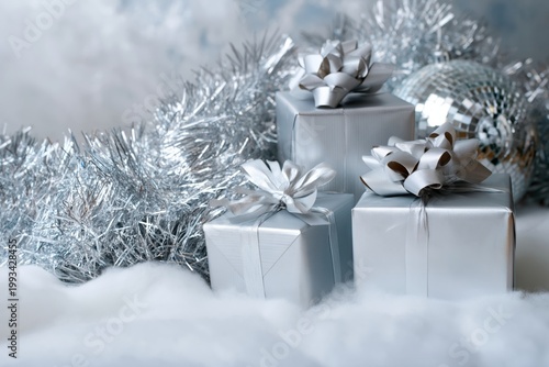 Gifts Wrapped in Silver Paper Placed on White Fluffy Surface Next to a Disco ...