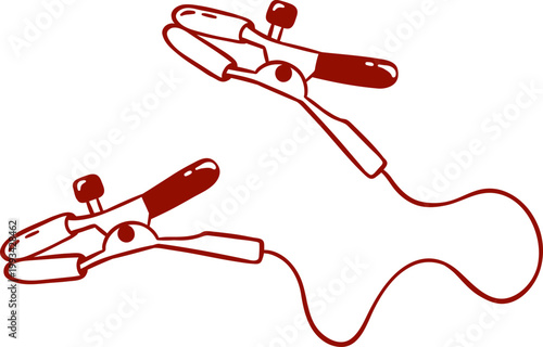 nipple clamps, adult sex toy, accessories for bdsm sex games, simple linear red icon, doodle and sketch style