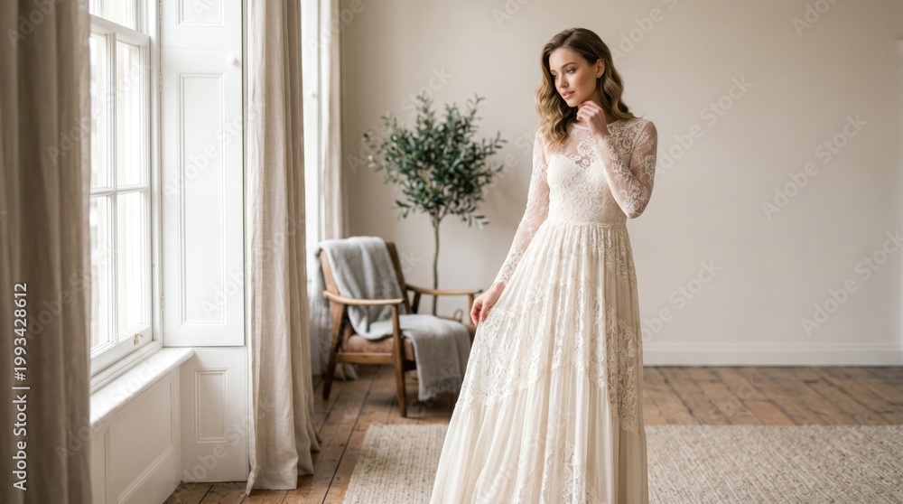 Fototapeta premium A young Caucasian woman with long brown hair wears an elegant white wedding dress. She stands in a bright room with large windows and a potted plant.